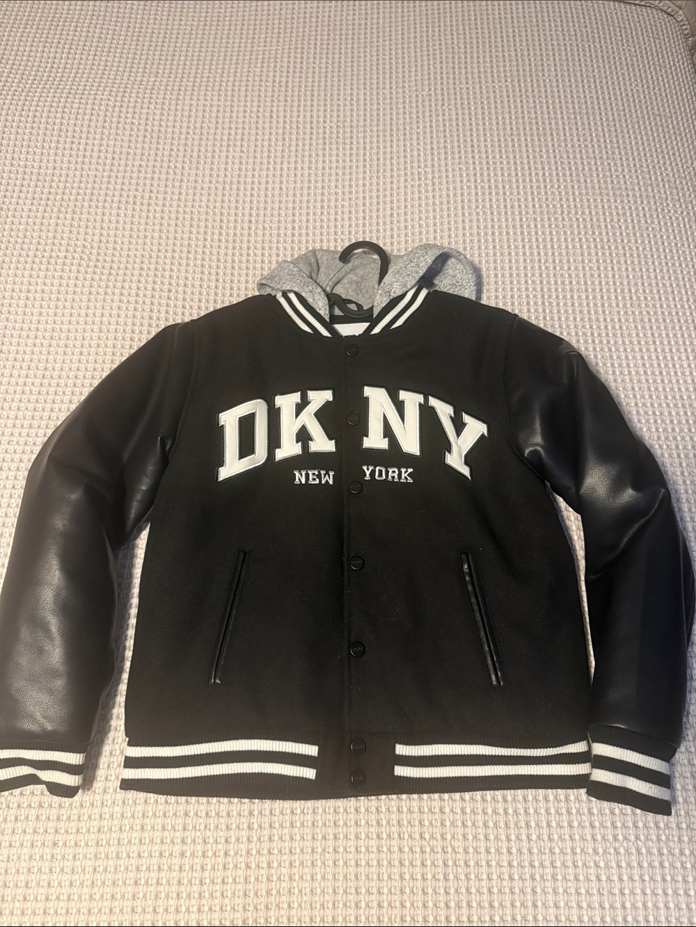 DKNY Black & White Kids Varsity Jacket with Hood